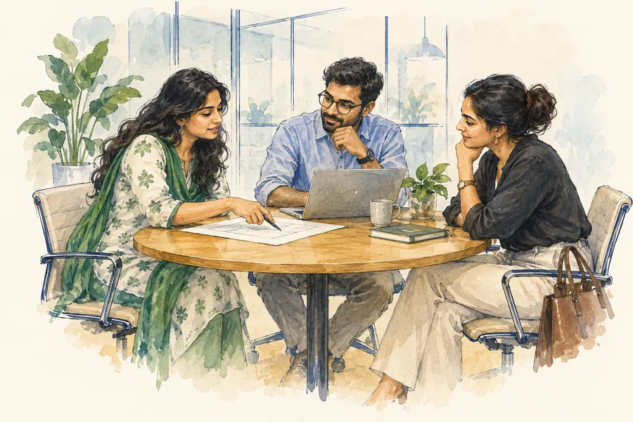 Watercolor illustration of three professionals planning a project together