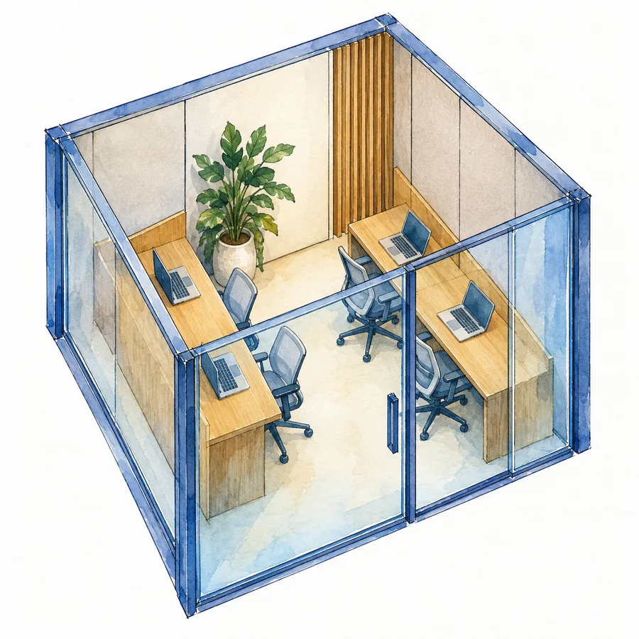 Architectural watercolor illustration of a four-person private workspace