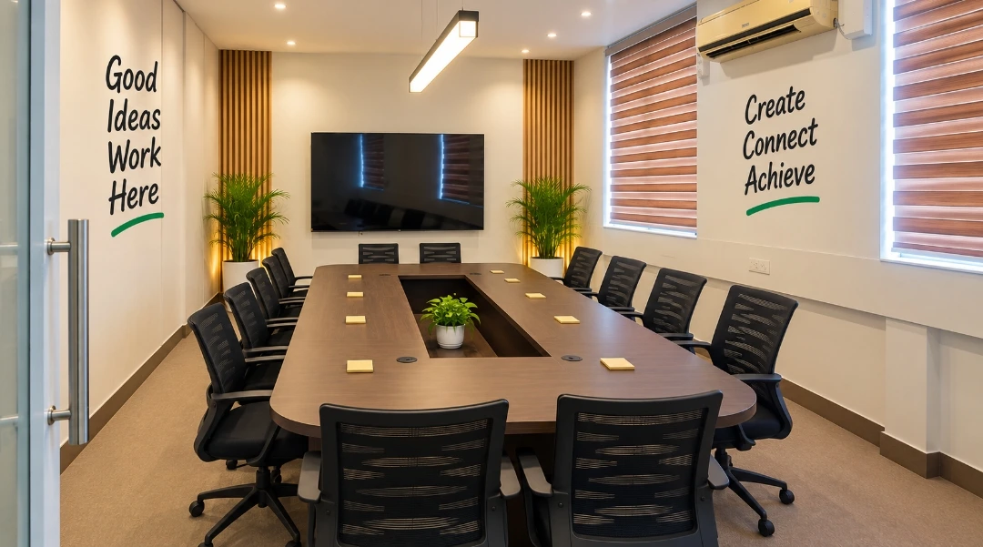 Printek conference room with a twelve-seat table, large display, and the original wall captions Good Ideas Work Here and Create Connect Achieve