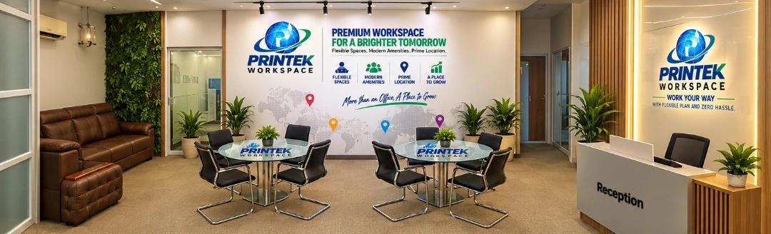 Printek lobby with reception, guest seating and a branded feature wall