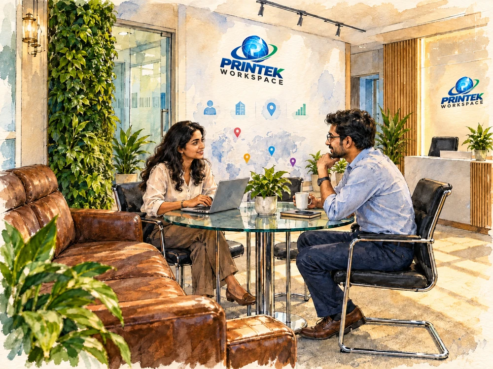 Watercolor illustration of two colleagues working at a glass table in the Printek lounge
