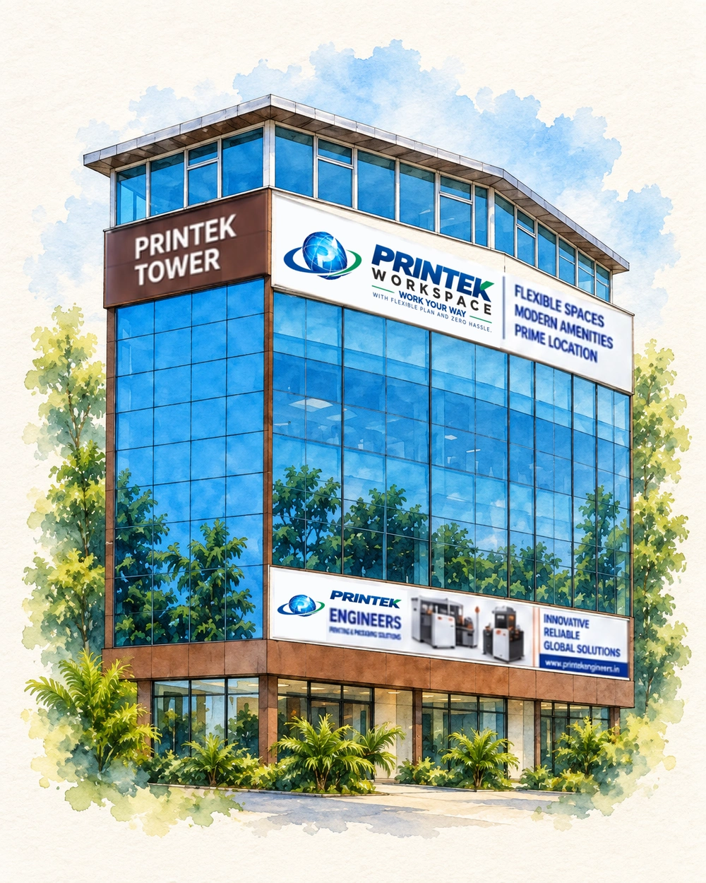 Watercolor illustration of Printek Tower with the approved blue-and-green globe logos, green K, original sign captions and machinery graphics