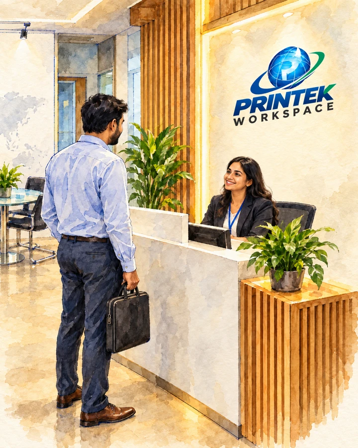 Watercolor illustration of a visitor being welcomed at Printek reception