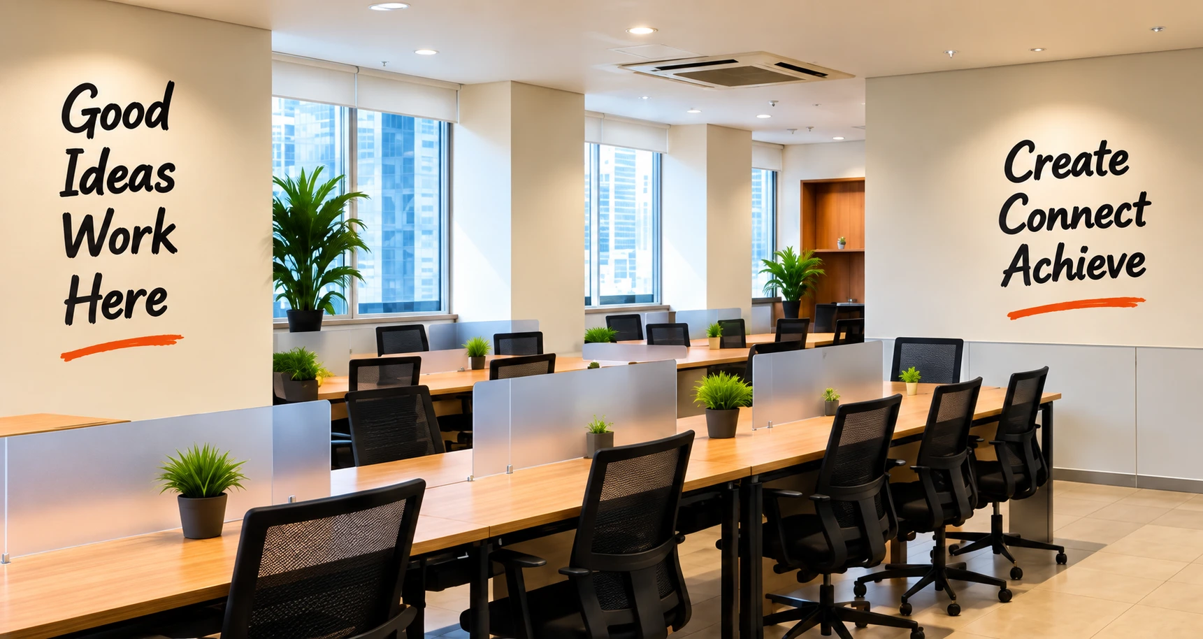 Shared workspace with wooden desks and the wall captions Good Ideas Work Here and Create Connect Achieve